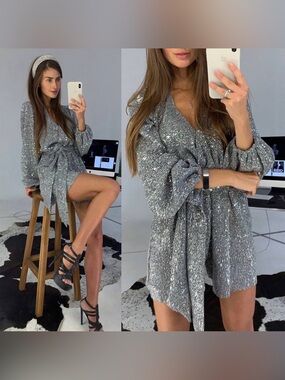 Sparkle Knit Wrap Mini Dress - Silver